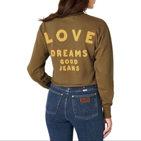 Wrangler x Fred Segal Love Dreams Good Jeans Crop Sweatshirt Olive Brown Women L - Picture 1 of 9